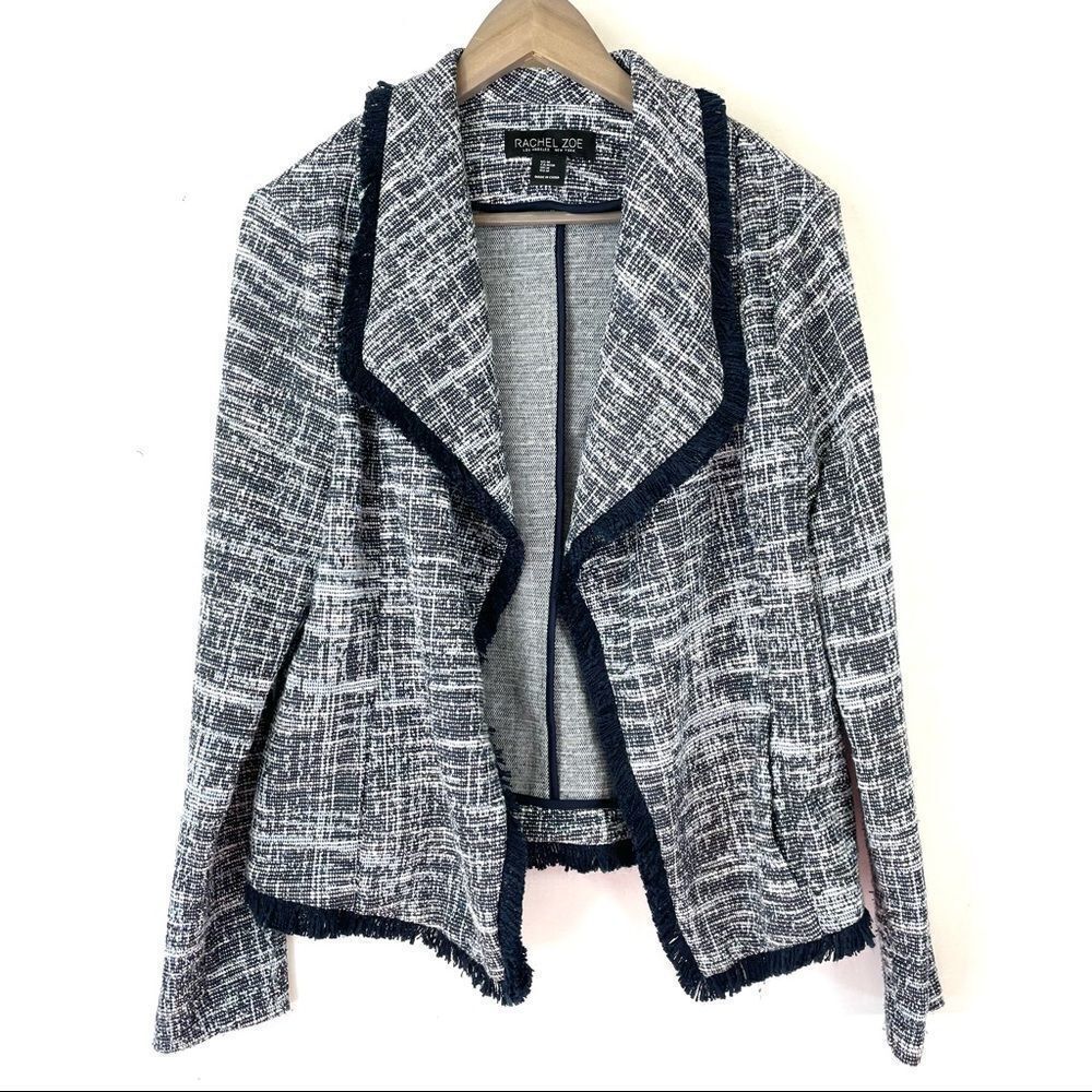 Rachel Zoe Tweed Fringe Blazer Size Medium Blue and White.